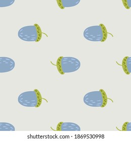 Pastel palette seamless pattern with hand drawn acorns. Blue and green colored forest print. Designed for fabric design, textile print, wrapping, cover. Vector illustration.