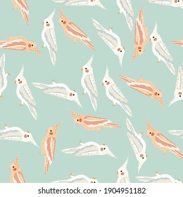 Paleta pastel sin fisuras con estampado aleatorio de beige y cacatú blanco dibujado a mano. Ilustración vectorial para impresiones textiles estacionales, tela, carteles, telas de fondo y papel pintado.