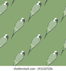 Pastel palette seamless pattern with hand drawn parrot doodle silhouettes. Green olive background. Flat vector print for textile, fabric, giftwrap, wallpapers. Endless illustration.
