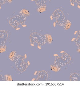 Pastel palette seamless pattern in hand drawn style with lion silhouettes. Blue background. Random print. Graphic design for wrapping paper and fabric textures. Vector Illustration.