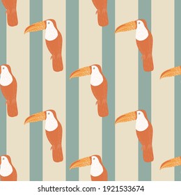 Pastel palette seamless pattern with pale red toucan bird zoo print. Striped blue and grey background. Flat vector print for textile, fabric, giftwrap, wallpapers. Endless illustration.