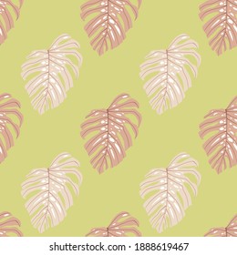 Paleta pastel sin fisuras con figuras de monstera pálida rosa. Fondo verde claro. Fondo decorativo para papel pintado, textil, papel envolvente, impresión de tela. Ilustración vectorial.