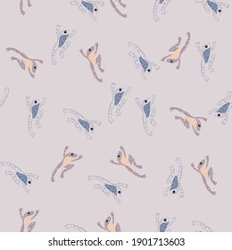 Pastel palette seamless pattern with random cartoon froggy silhouettes ornament. Light blue background. Stock illustration. Vector design for textile, fabric, giftwrap, wallpapers.