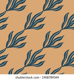 Pastel palette seamless pattern with simple doodle navy blue vintage leaves ornament. Beige background. Designed for fabric design, textile print, wrapping, cover. Vector illustration