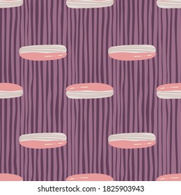 Pastel palette seamless pattern with stylized sweet eclair ornament. Pink and grey colored sugar baking print on purple striped background. Vector illustration.