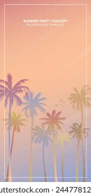 Pastel palm trees with surrealistic sky background vector illustration. Summer traveling and party at the beach peach color concept flat design with blank space.