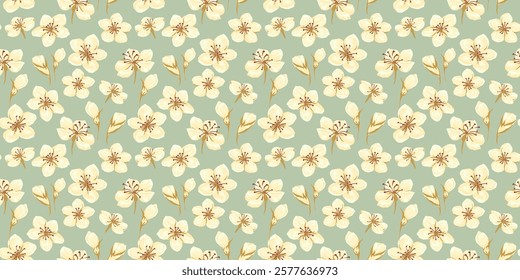 Pastel pattern with abstract artistic florals. Vector hand drawing. Ditsy tiny flowers and small buds seamless print on a green mint background. Designs ornaments for textiles, fabric, cover