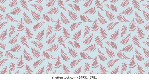Pastel pattern with abstract artistic tiny leaves fern. Vector hand drawing. Stylized leaf stems seamless print on a light blue background. Simple ornament for designs, textile, fabric, cover