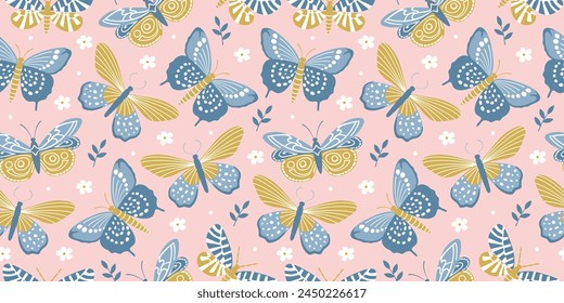 Pastel pattern with butterflies and chamomile. Seamless pattern of flying butterflies in blue, yellow, and pink colors. Spring pattern background in pastel color for fabric, paper, scrapbooking, etc.P