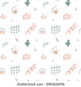 Pastel pattern of colored hand drawn various Shapes and doodle objects. Abstract contemporary modern trendy Vector illustrations where all elements are isolated. Baby fabric pattern