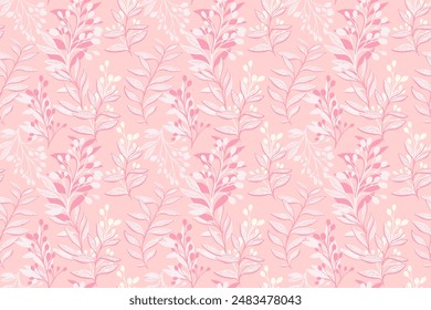 Pastel pattern with creative branches abstract shapes leaves. Stylized artistic botanical contemporary seamless printing on a pink background. Vector hand drawing illustration. Designs for fabric