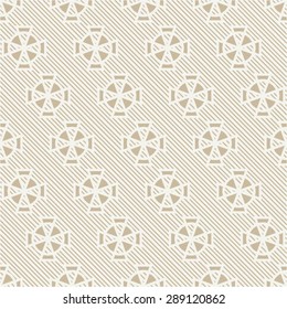 Pastel pattern of diagonal lines, circle, cross, seamless vector background.
