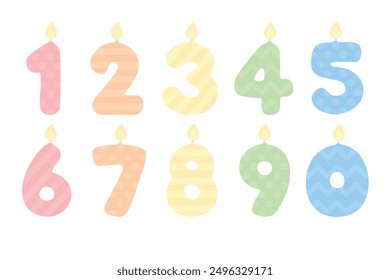 Pastel pattern number shaped candles for kids, from zero to nine. Vector illustration.	