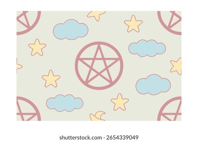 Pastel Pattern with Pentagrams Stars Clouds Geometric Shapes on a Beige vector