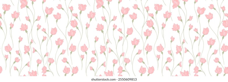 Padrão de pastel com hastes de flores criativas cor-de-rosa. Abstrato ramos bonitos artísticos com flores pequenas pequenos botões entrelaçados em um fundo sem costura Desenho de mão Vetor. Ornamento simples para desenhos