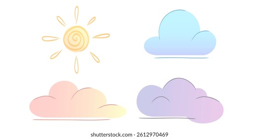 Pastel pattern set with cute clouds, raindrops and sunshine. The hand drawn style is perfect for baby products, nursery decor, baby textiles, wrapping paper and scrapbooking. 