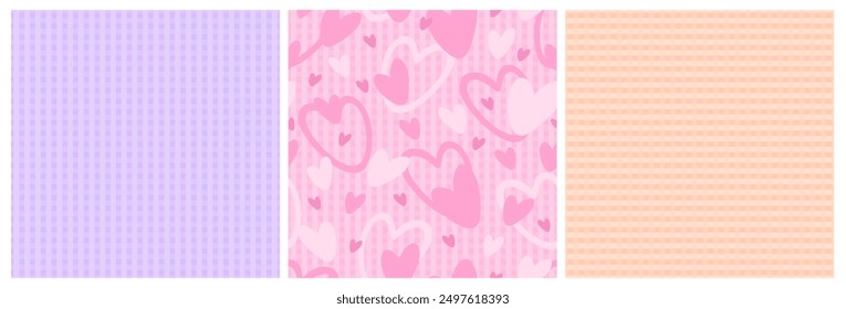 Pastel pattern set. Vector seamless checkered patterns with hearts.
