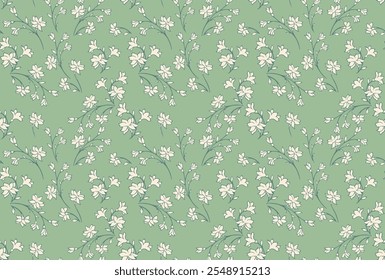 Pastel pattern with wild florals stems on a green mint background. Abstract artistic branches with tiny flowers, small buds seamless print.  Vector hand drawing sketch. Simple ornament print