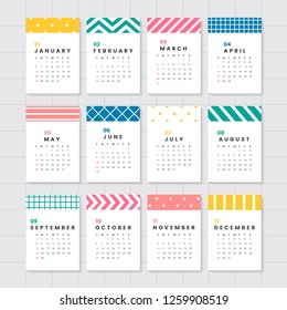 Pastel patterned calendar 2019 vector set