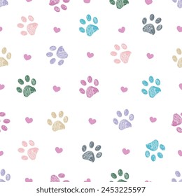 Pastel paw and hearts. Seamless fabric design pet lover pattern