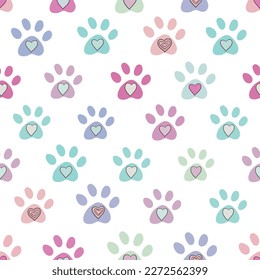 Pastel paw print with hearts seamless fabric design pattern