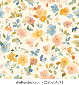 Pastel peach and blue tiny flowers pattern on a cream background, Flower seamless pattern. Watercolor print in rustic vintage style, textile or wallpapers.