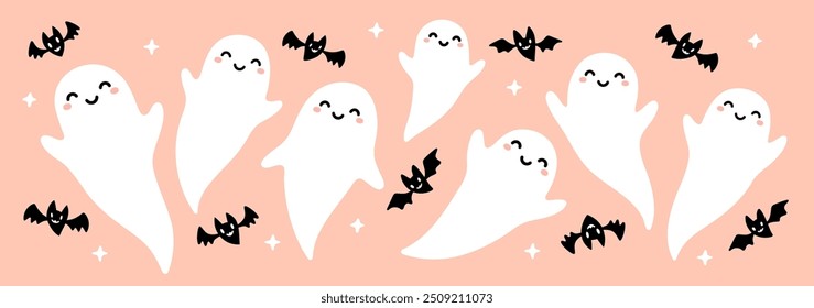 Pastel peach pink Halloween banner. Cute smiling baby ghosts, bats and stars on a pastel pink orange background. Funny Halloween flying characters design elements set.