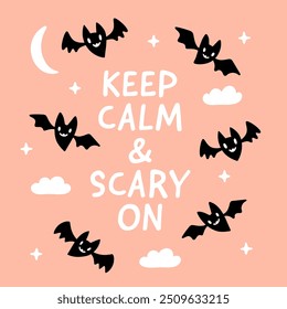 Pastel peach pink Halloween quote greeting card. Cute flying bats on a pink orange background with stars, clouds and moon. Square social media post cover. Keep calm and scary on Halloween lettering.