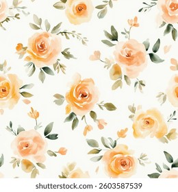 Pastel peach and yellow roses, small floral pattern on a white background, watercolor flower seamless pattern. Watercolor print in rustic vintage style, textile or wallpaper.  
