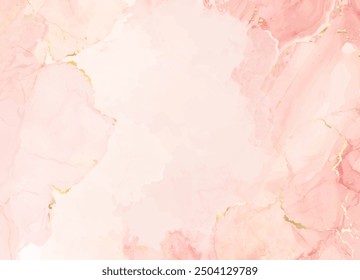 Pastel peachy watercolor fluid painting vector design card. Peachy fuzz and white marble golden geode frame. Spring wedding invitation. Petal or veil texture. Dye splash style. Isolated and editable