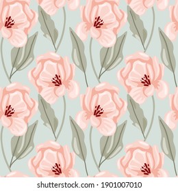 Pastel peony seamless pattern. Hand drawn elegance boho style botanical background, flowers and leaves soft colors, modern vector decor textile, wrapping paper, wallpaper. Floral texture print fabric