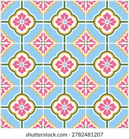Pastel Peranakan seamless tile pattern with pink floral geometric design