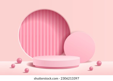 Pastel pink 3D cylinder podium with minimal geometric circle shape scene background for display products presentation, Modern abstract for cosmetic advertising, Vector illustration