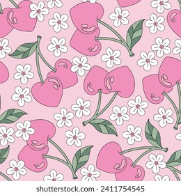 Pastel Pink aesthetic heart shape cherry love berry floral vector seamless pattern. Saint Valentines Day romantic love background.