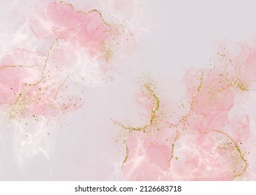 Pastel pink alcohol ink background with gold glitter elements