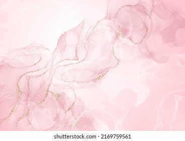 Pastel pink alcohol ink background with gold glitter elements