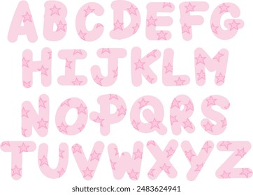 Pastel pink, A-Z alphabet design with star pattern for font, typography, letter, calligraphy, text, message, campaign badge, logo, icon, initials, shirt print, cute patches, pet names, brooch, sticker