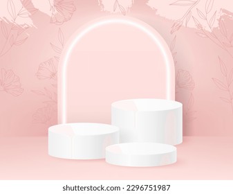 Pastel pink backdrop with line plants and flowers. 3D podium is perfect for showcasing cosmetic or luxury items. Geometric cylinder white podium for advertising, exhibitions, or sale promotion