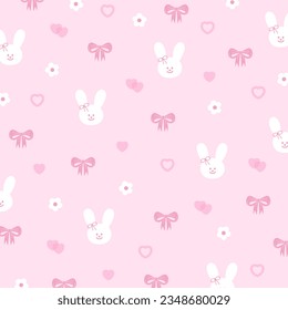 Pastel pink background, ad template, banner, fabric print, Valentine wallpaper, social media post, memo, sticky note, gift wrap, packaging, book cover with pink ribbon, bunny rabbit, flower and heart 