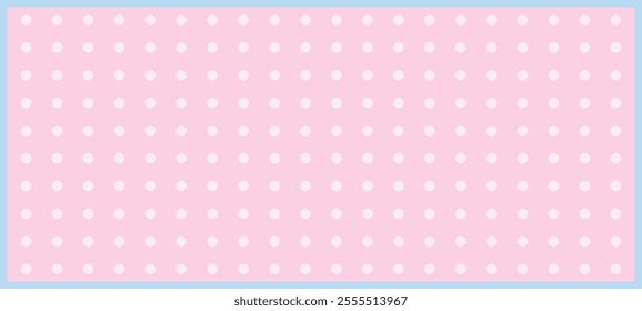 A pastel pink background adorned with evenly spaced white polka dots, encased within a light blue border