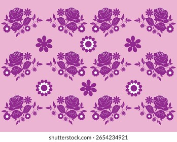 Pastel pink background composed of violet leaves and flowers with white details