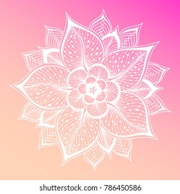 Pastel pink background flower mandala. Vintage decorative element. Ornamental round doodle flower on dreamy gradient background. Geometric circle element with hearts. Vector romantic illustration