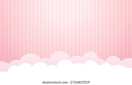 Fondo rosa pastel con nubes blancas suaves y rayas de caramelo de Vertical para el diseño de la guardería y la ducha del bebé