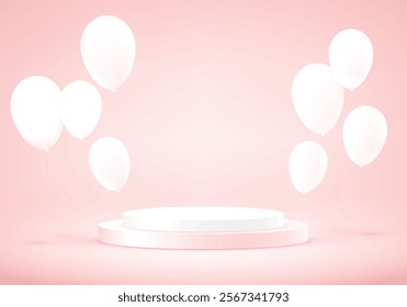 Pastel pink background vector 3d with balloons and podium. Product display presentation. valentine day background. Space for selling products on the website. Vector illustration.