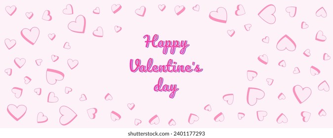 Pastel pink banner happy Valentines day. Background with set vector creative cute simple hearts. Horizontal  border with copy space. Suitable for email, post in social networks, advertising, fon