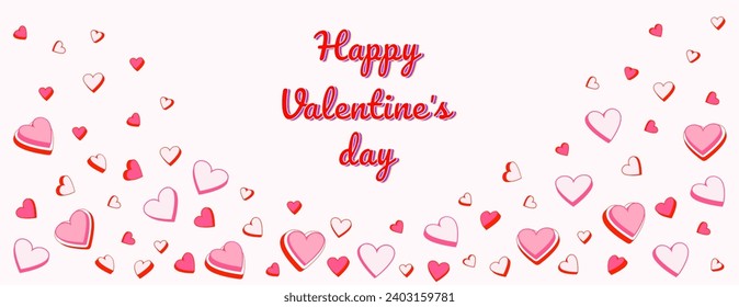 Pastel pink banner happy Valentines day.  Background with set vector creative cartoon cute hearts. Horizontal  border with copy space. Suitable for email header, post in social networks, advertising