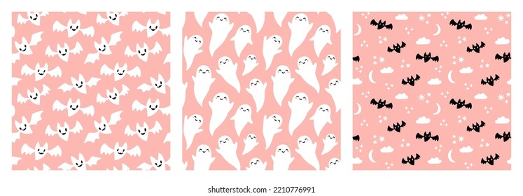 Pastel pink, black and white Halloween seamless pattern set. Cute ghosts, flying bats, skulls, bones, stars, moon and clouds on pink background.