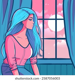 Pastel pink and blue artwork of a lonely woman at golden hour looking through the window at the sunset.