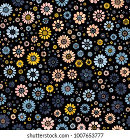 Pastel pink blue beige yellow gradient brush stroke spot flower seamless pattern on black. Mid century mod abstract floral geometric ornament for prints, textile, fabric, package, cover, greeting card