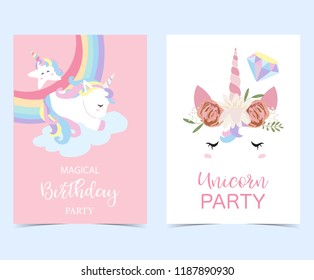 Pastel pink blue card with unicorn,head,rainbow,balloon and star